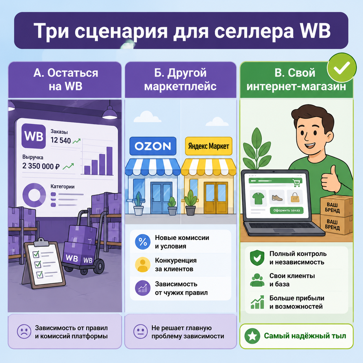Три сценария для селлера WB: остаться, уйти на другой маркетплейс или открыть свой интернет-магазин