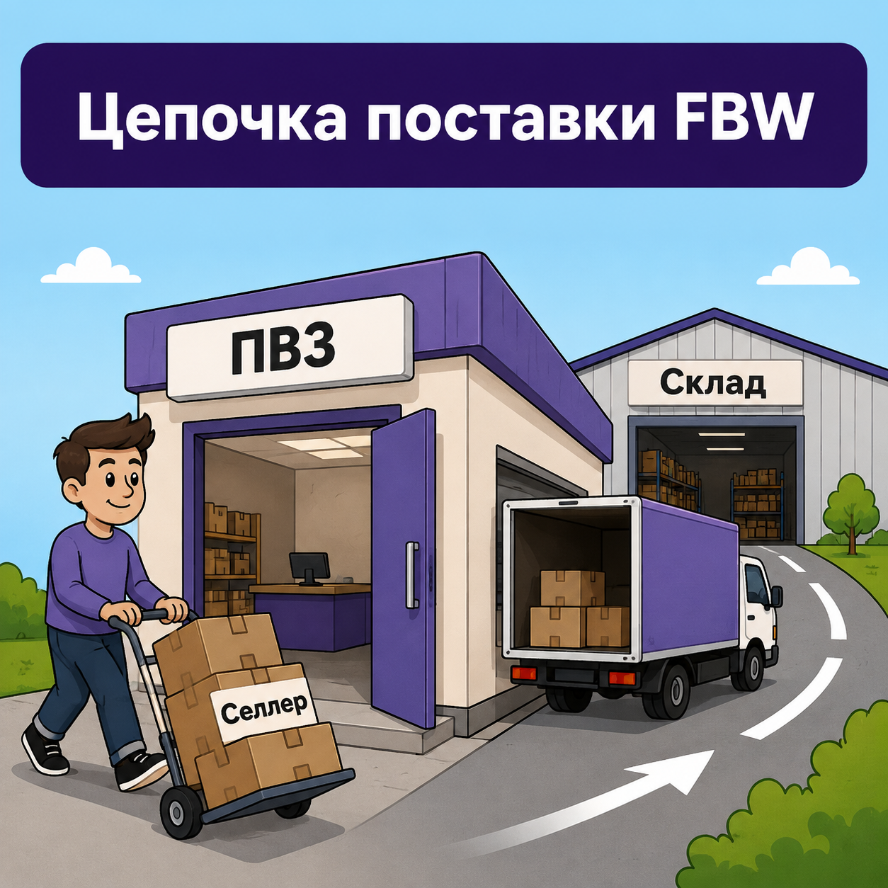 Селлер везёт короба в ближайший пункт, дальше товар едет на склад сам