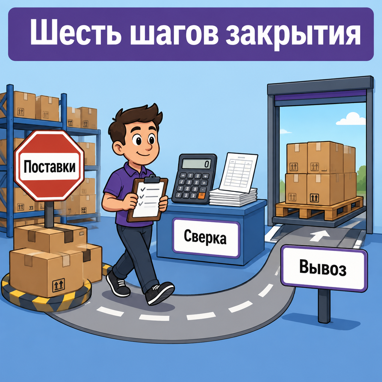 Селлер проходит чек-лист закрытия кабинета: остановить поставки, сверить расчёты, вывезти товар